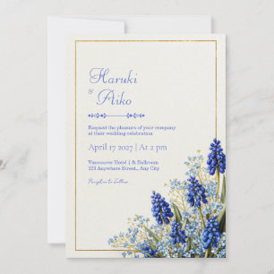Cobalt Blue Muscari Botanical Gold Frame Wedding Invitation
