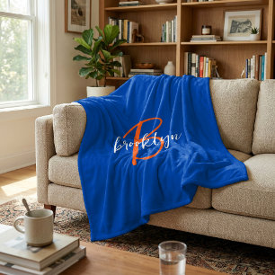 Cobalt Blue Orange White Script Monogram Name Fleece Blanket