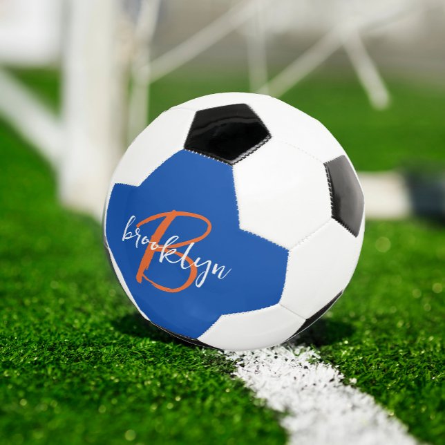 Cobalt Blue Orange White Script Monogram Name Football (Creator Uploaded)