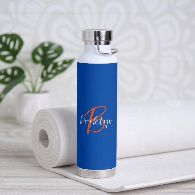 Cobalt Blue Orange White Script Monogram Name Water Bottle (Yoga (Rotated))