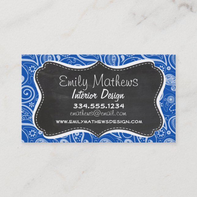 Cobalt Blue Paisley; Vintage Chalkboard Business Card (Front)