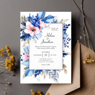 Cobalt Blue Pink Boho Chic Floral Elegant Wedding Invitation