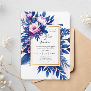 Cobalt Blue Pink Floral Modern Elegant Wedding Invitation