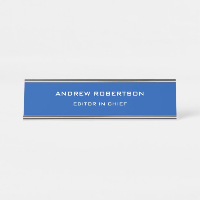 Cobalt Blue Plain Elegant Minimalist Simple Desk Name Plate (Front)