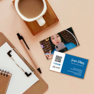 Cobalt Blue QR Code Photo Social Media Icons Business Card