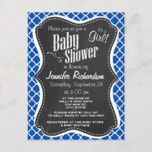 Cobalt Blue Quatrefoil; Retro Chalkboard Invitation Postcard