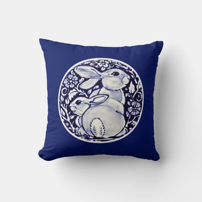 Cobalt Blue Rabbit Baby Bunny Floral Medallion Cushion (Front)
