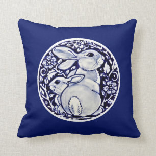 Cobalt Blue Rabbit Baby Bunny Floral Medallion Cushion