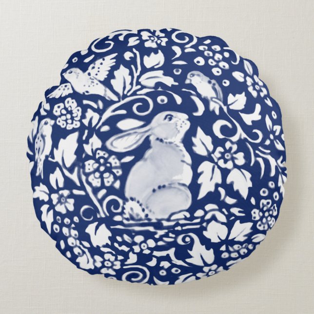 Cobalt Blue Rabbit Bird Floral Chinoiserie Dedham  Round Cushion (Front)