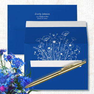 Cobalt Blue Romantic White Wildflower Wedding Envelope