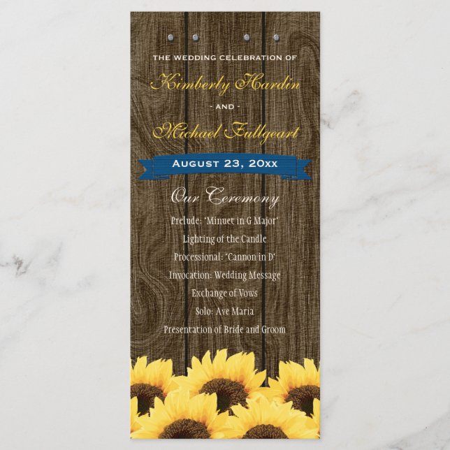 Cobalt Blue Rustic Sunflower Wedding Program Programme (Front)