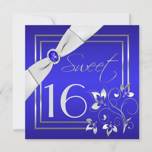 Cobalt Blue Silver Floral Sweet Sixteen Invitation (Front)