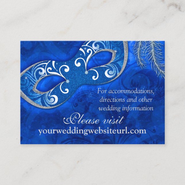 Cobalt Blue Silver Masquerade Ball Wedding Website Enclosure Card (Front)