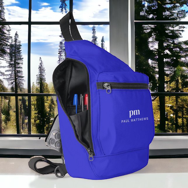 Cobalt Blue Simple Minimal Name Monogram Sling Bag (Personalize with your initials and name.)