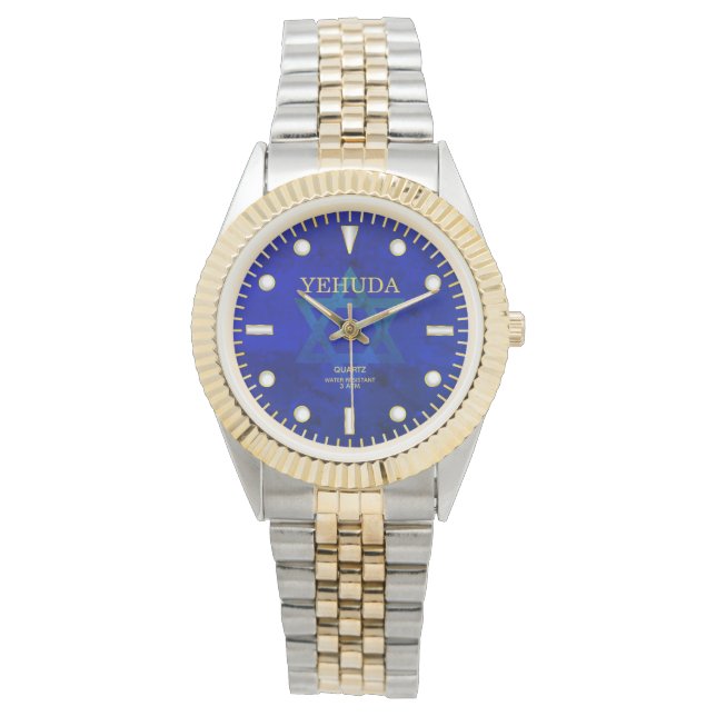 Cobalt Blue Star of David Dial Custom Name Watch (Front)