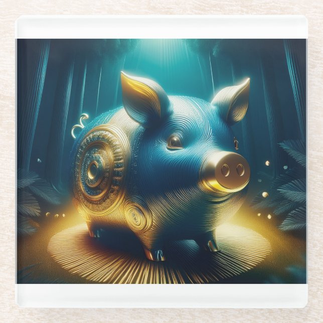 Cobalt Blue Steampunk Pig Glass Coaster (Front)