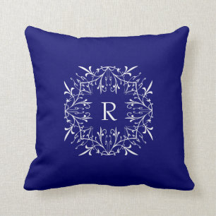 Cobalt Blue Stylish Monogram Lace Border Cushion