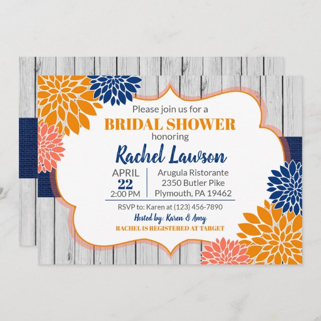Cobalt Blue Tangerine Blooms Floral Bridal Shower Invitation (Front/Back)