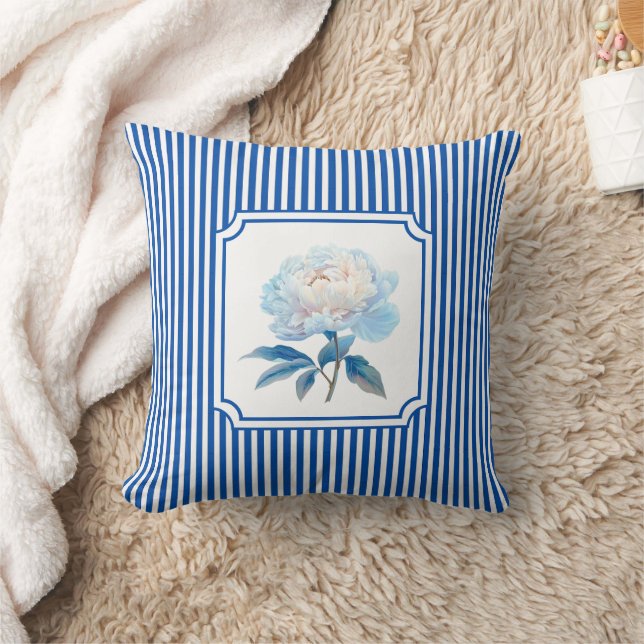 Cobalt Blue Ticking Stripe Floral Cushion (Blanket)