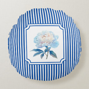 Cobalt Blue Ticking Stripe Floral Round Cushion