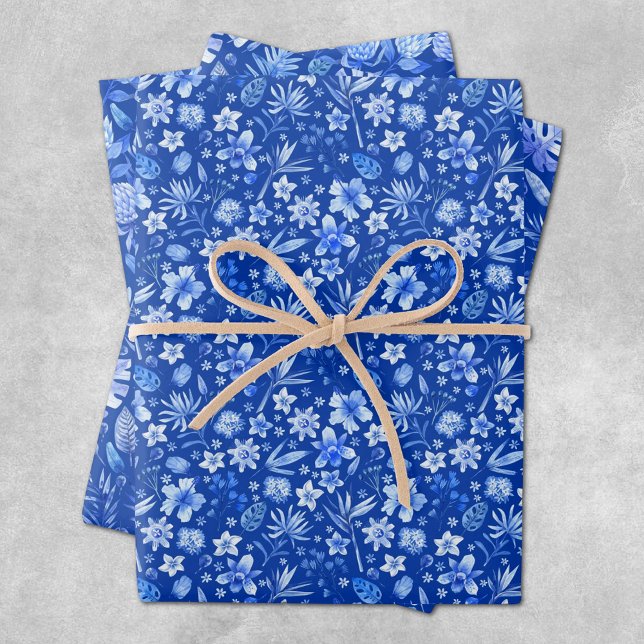 Cobalt Blue Tropical Flowers and Leaves 3 Patterns Wrapping Paper Sheet (Creator Uploaded)