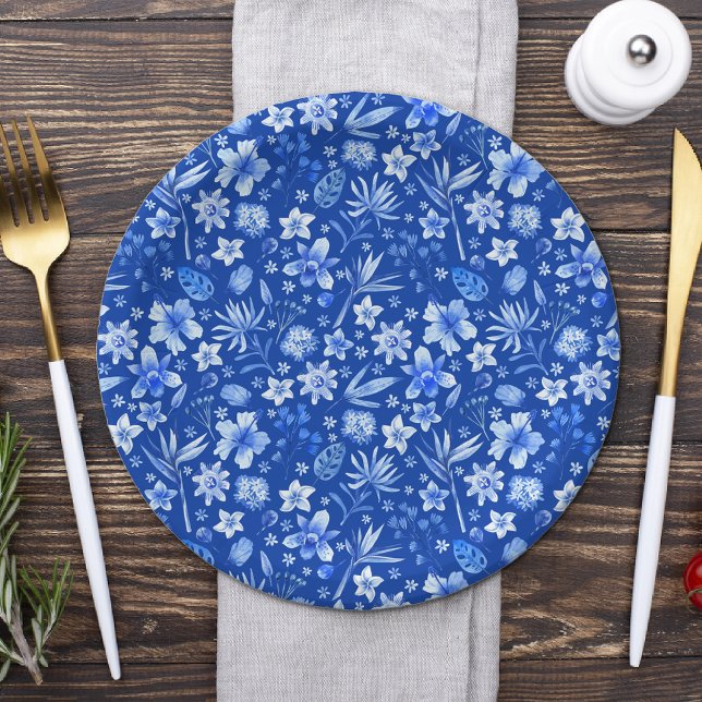 Cobalt Blue Tropical Flowers and Leaves Pattern 7" Paper Plate (Creator Uploaded)