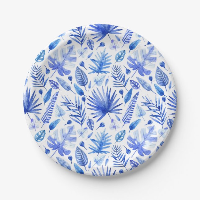 Cobalt Blue Tropical Leaves Pattern 7" Paper Plate (Front)