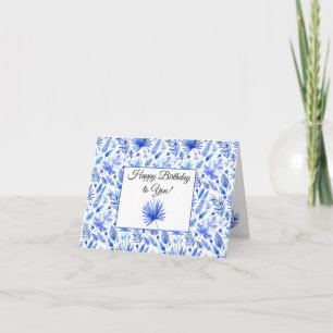 Cobalt Blue Tropical Leaves Pattern Happy Birthday Card
