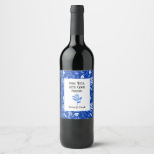 Cobalt Blue Tropical Pattern, Protea Flower Wine Label