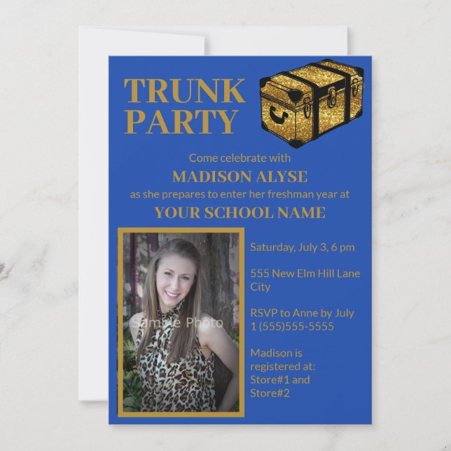 Cobalt Blue Trunk College Dorm Party Photo Invitation (Front)