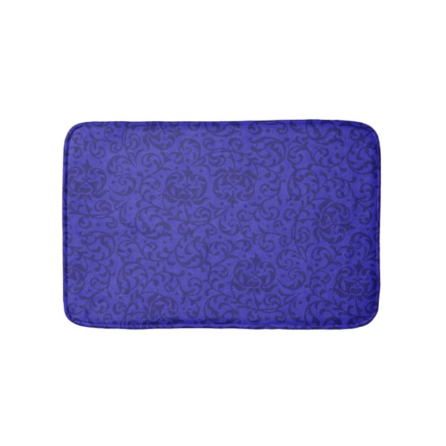 Cobalt Blue Tudor Garden Floral Damask Bath Mat (Front)