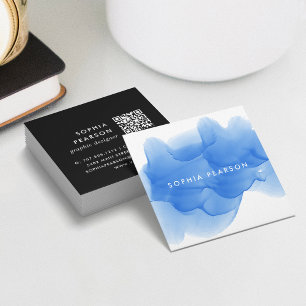 Cobalt Blue Watercolor Blot QR Code Square Business Card