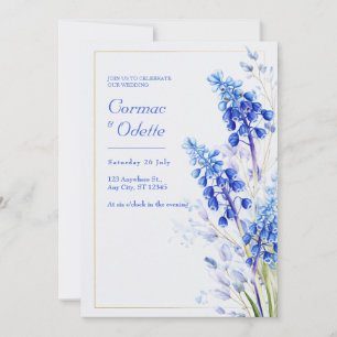 Cobalt Blue Watercolor Muscari Gold Frame Wedding Invitation