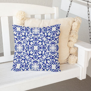 Cobalt Blue Watercolor Spanish Tile Pattern Outdoor Cushion