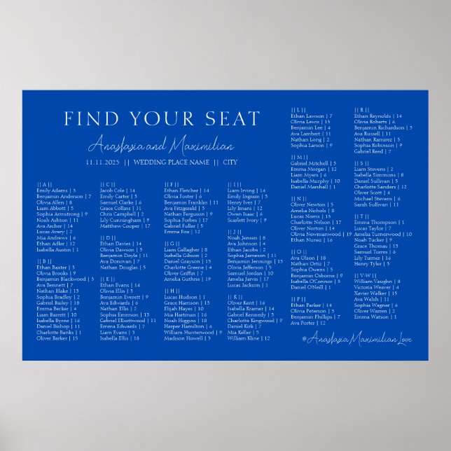 Cobalt Blue Wedding Alphabetical Seating Chart (Front)