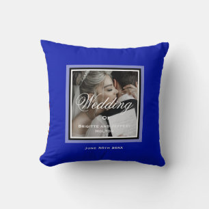 Cobalt blue wedding couple customisable photo cushion