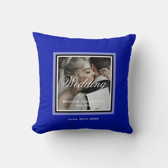 Cobalt blue wedding couple customisable photo cushion (Front)