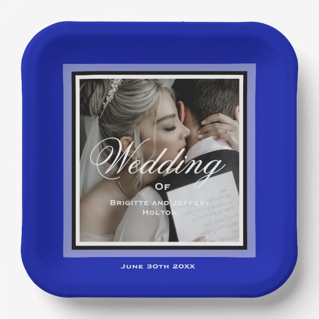 Cobalt blue wedding couple customizable paper plate (Front)
