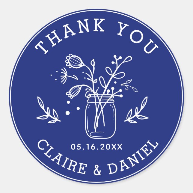 Cobalt Blue Wedding Thank You Mason Jar Flowers  Classic Round Sticker (Front)