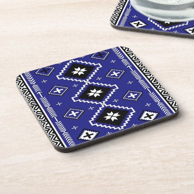 Cobalt Blue Western Geometric Folk Art Pattern Coaster (Left Side)