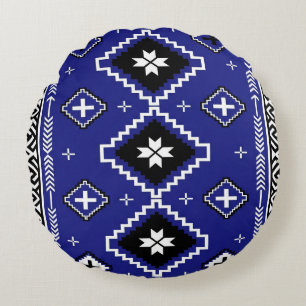 Cobalt Blue Western Geometric Folk Art Pattern Round Cushion
