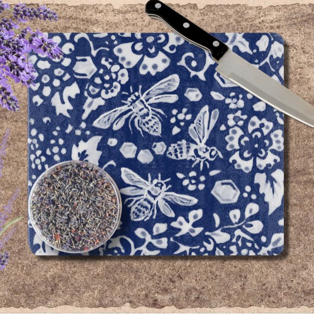 Cobalt Blue White Bee Honeycomb Rustic Chinoiserie Cutting Board (Creator Uploaded)