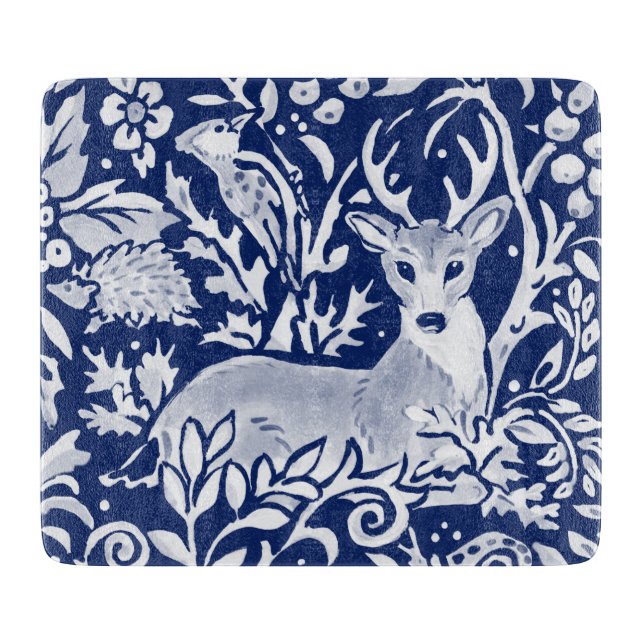 Cobalt Blue White Deer Woodland Tapestry Style Cutting Board (Front)