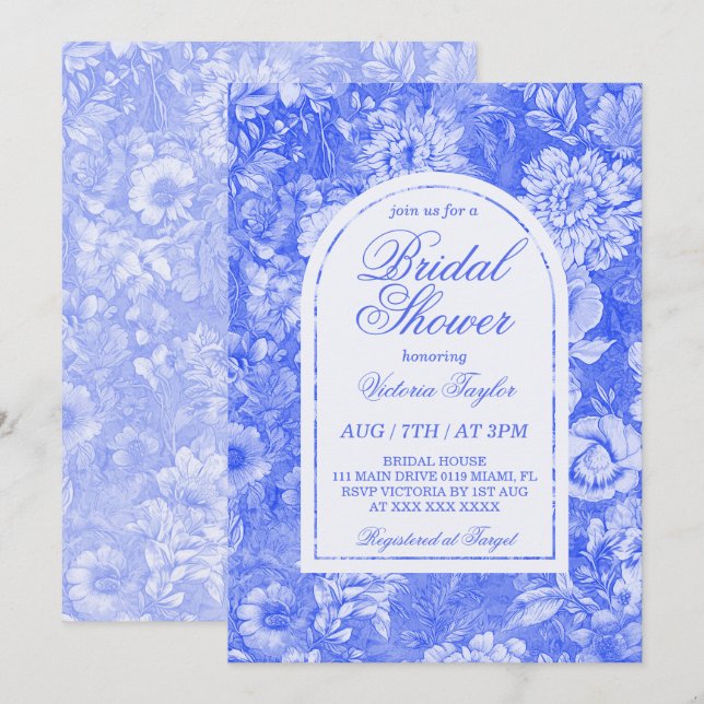 Cobalt Blue White Floral Chinoiserie Bridal Shower Invitation (Front/Back)