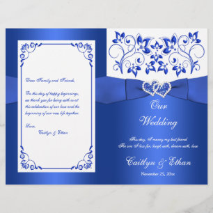 Cobalt Blue, White Floral Hearts Wedding Program