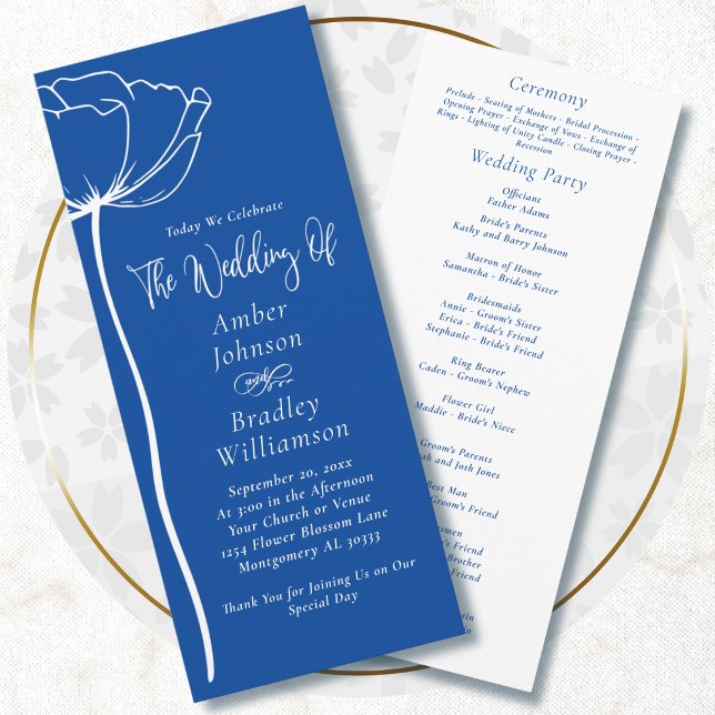 Cobalt Blue White Floral Script Simple Wedding Programme (Creator Uploaded)