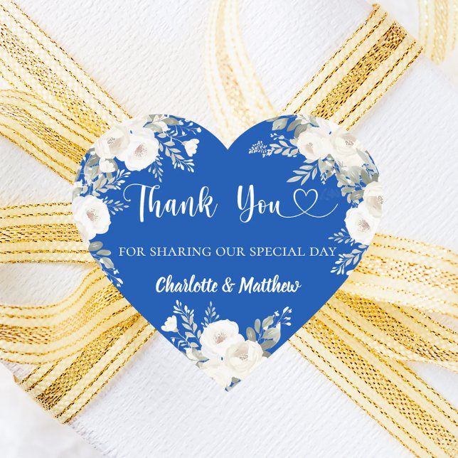 Cobalt blue white florals heart thank you wedding heart sticker (Creator Uploaded)