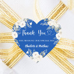 Cobalt blue white florals heart thank you wedding sticker<br><div class="desc">A cobalt blue background. Decorated with white florals,  roses and a heart. Personalise and add your names. With the text: Thank you for sharing our special day.</div>