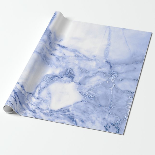 Cobalt Blue White Gray Marble Shiny Glam Wrapping Paper (Unrolled)