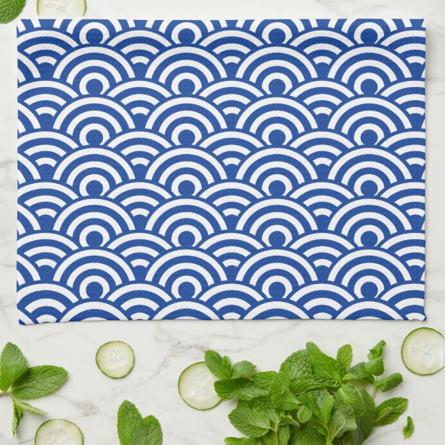 Cobalt Blue White Japanese Wave Pattern Tea Towel (Folded)